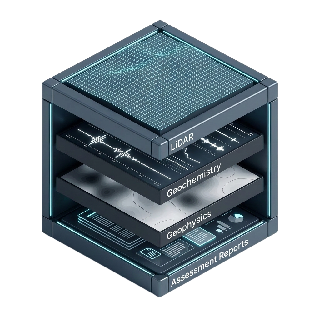 D10 data cube — layered LiDAR, geophysics, geochemistry and assessment reports